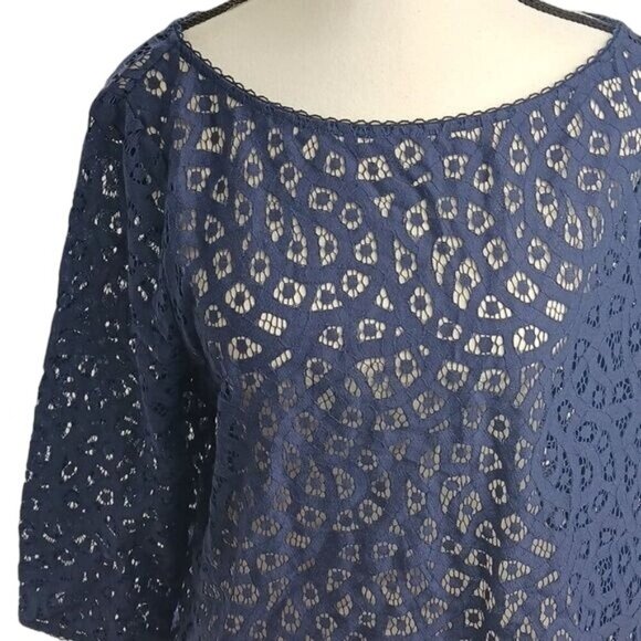 Loft Blouse Blue Lace Knit Classic 3/4 Sleeve Flowy Womens Size Large - Picture 3 of 7